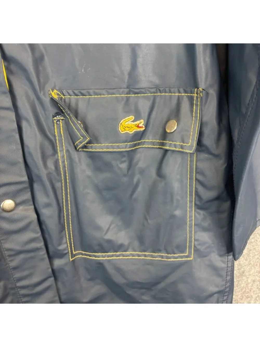 Izod Lacoste Womens Large Rain Coat Jacket Reversible Yellow Blue Hooded Slicker